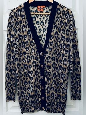 Tory Burch Leopard Print V-Neck Cardigan - Black and Tan